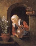 Gerard Dou Old woman at her window,Watering flower oil painting picture wholesale